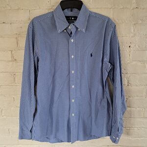 Ralph Lauren Blue White Checkered 100% Cotton Mens Dress Shirt Size 16 34/35
